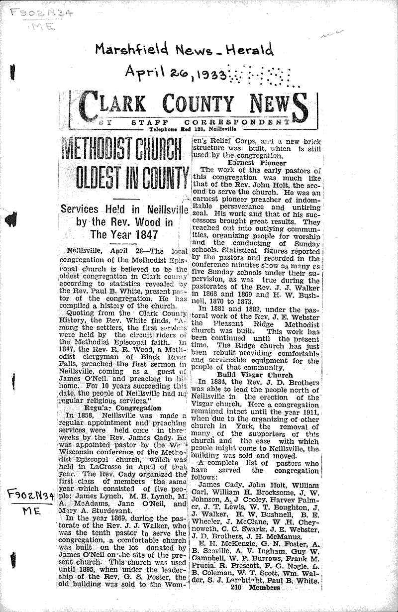  Source: Marshfield News-Herald Topics: Church History Date: 1933-04-26