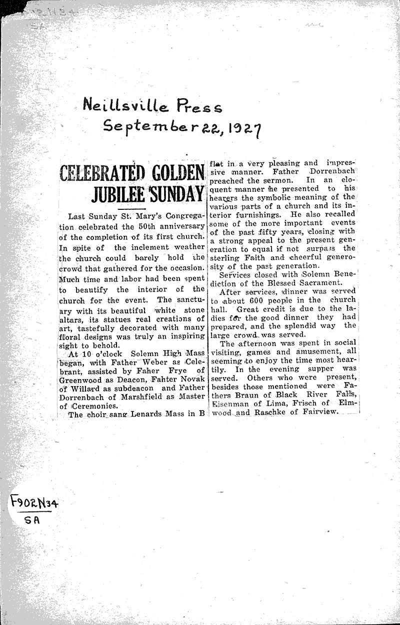  Source: Neillsville Press Topics: Church History Date: 1927-09-22