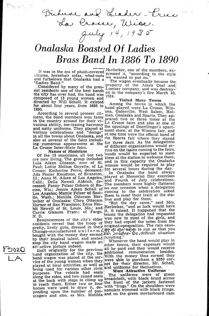  Source: La Crosse Tribune and Leader-Press Topics: Art and Music Date: 1935-07-14
