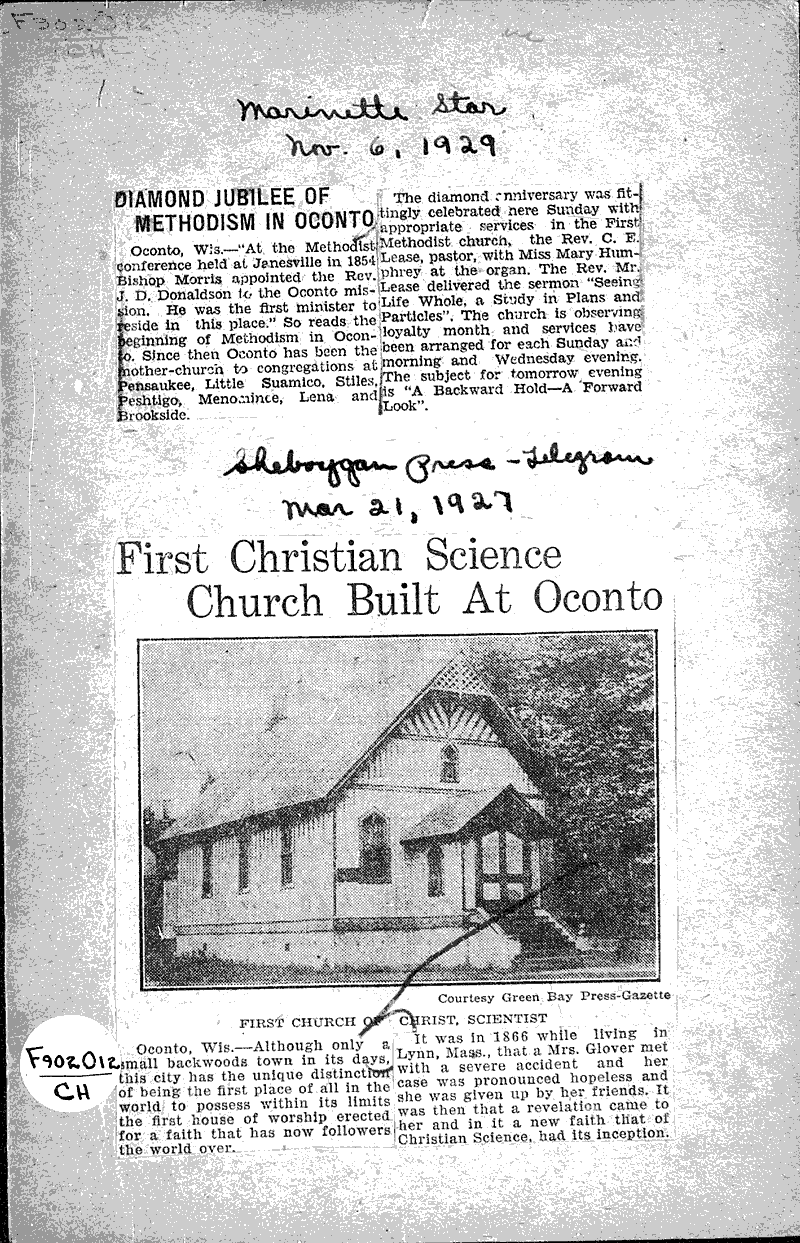  Source: Sheboygan Press Topics: Church History Date: 1927-03-21