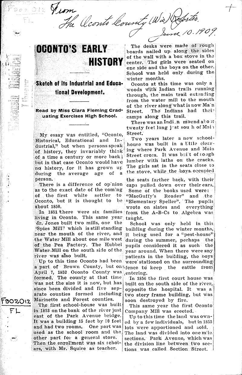  Source: Oconto County Reporter Topics: Education Date: 1909-06-10