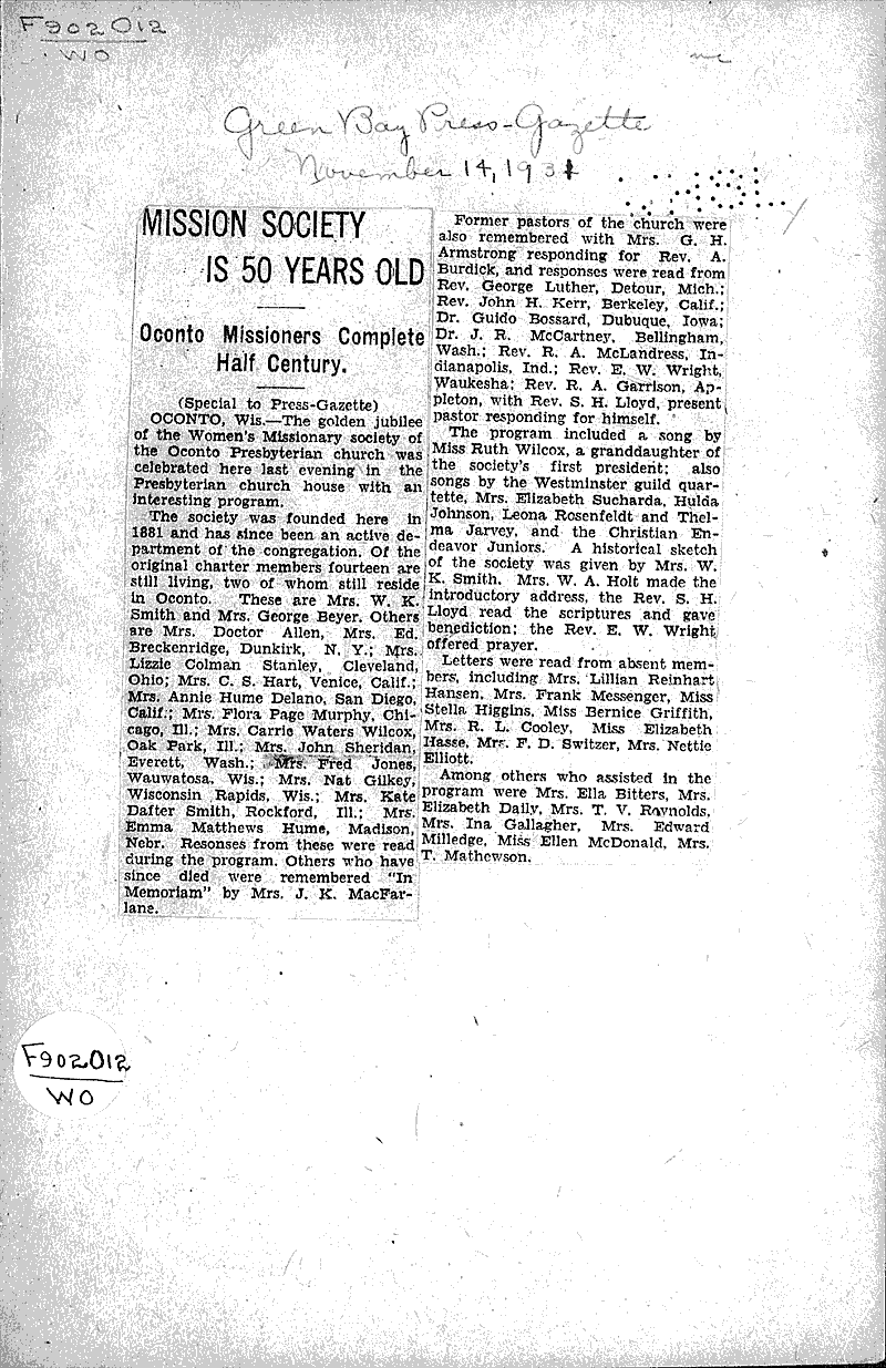  Source: Green Bay Press Gazette Topics: Church History Date: 1931-11-14