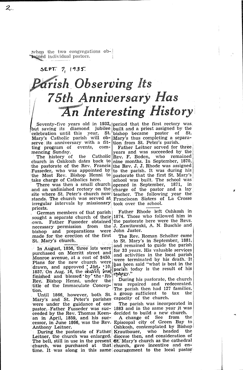  Source: Oshkosh Daily Northwestern Topics: Church History Date: 1935-09-06