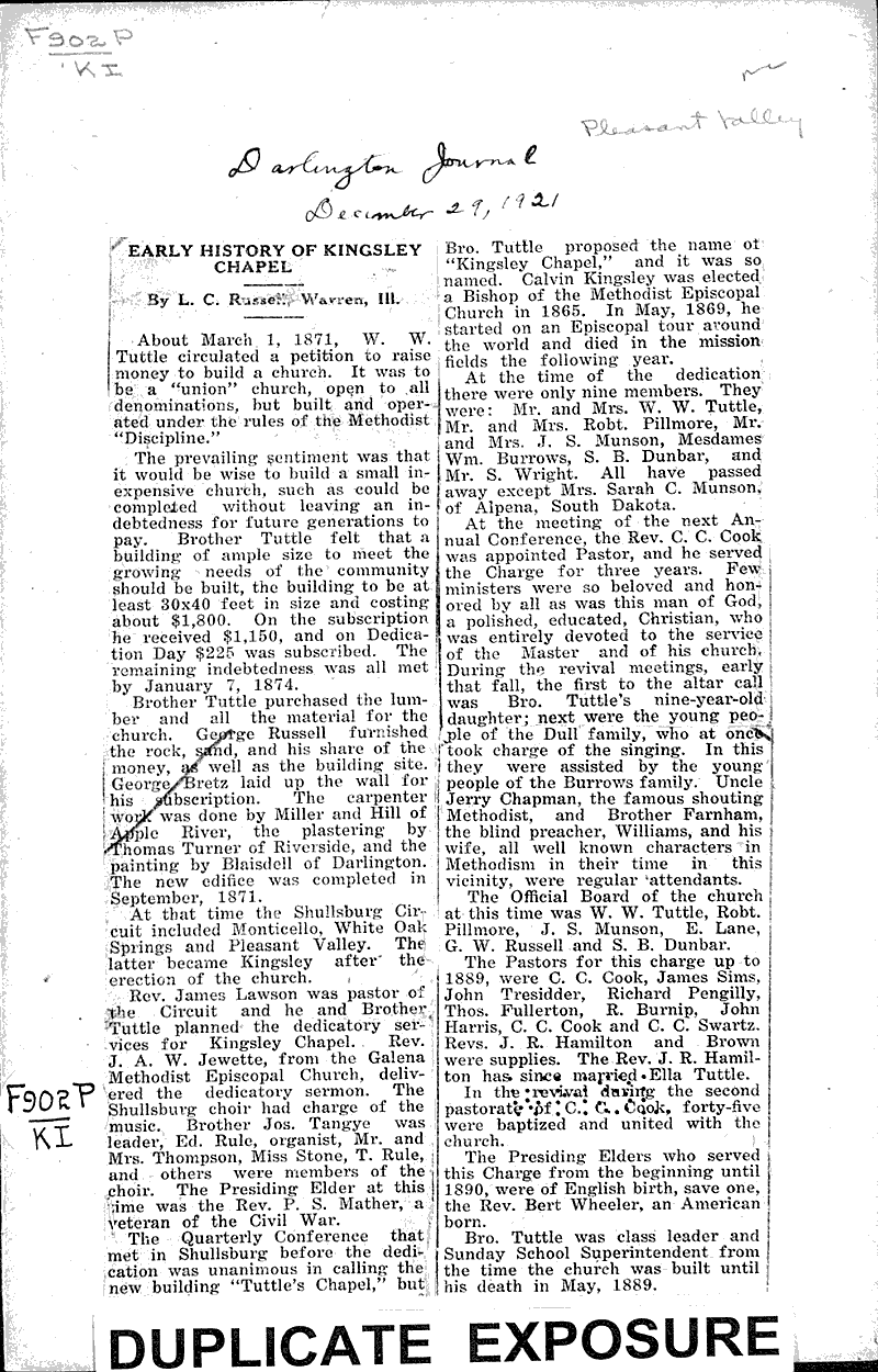  Source: Darlington Journal Topics: Church History Date: 1921-12-29