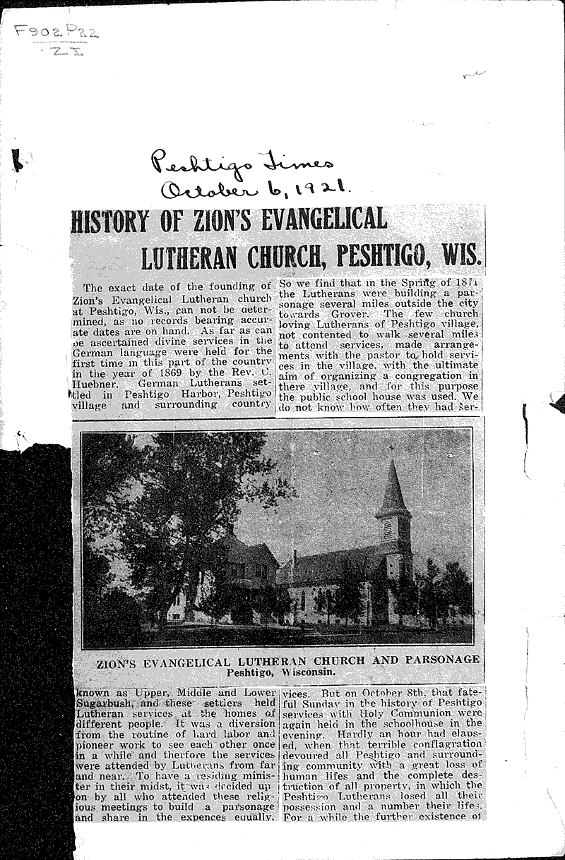  Source: Peshtigo Times Topics: Church History Date: 1921-10-06
