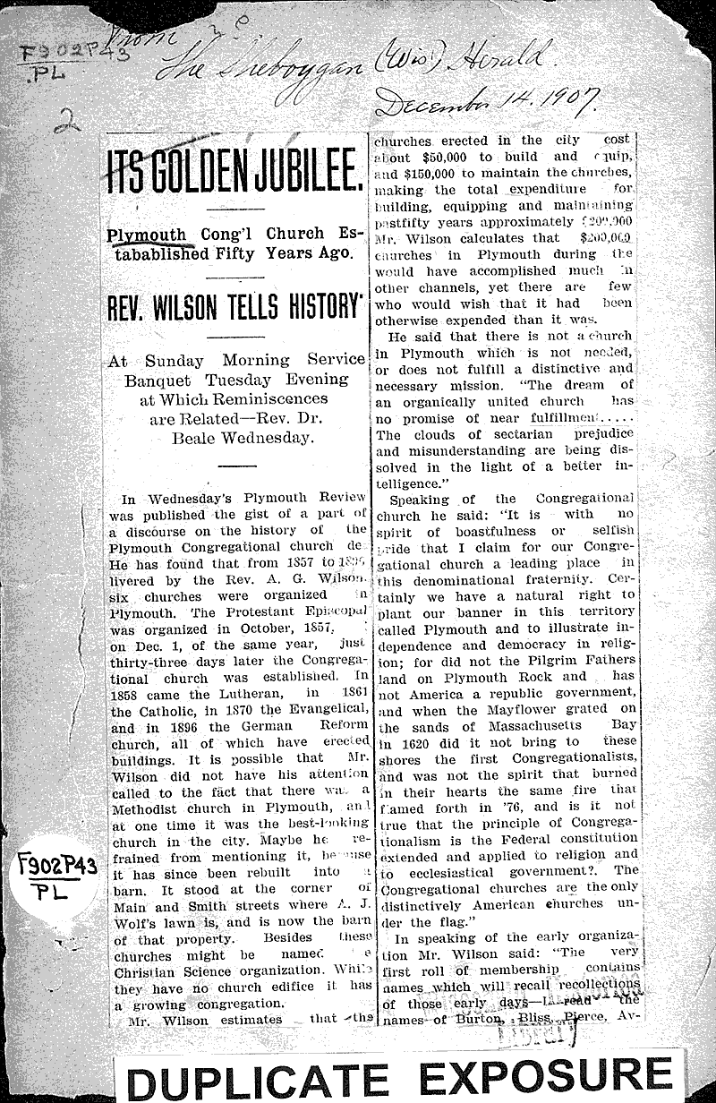  Source: Sheboygan Herald Topics: Church History Date: 1907-12-14