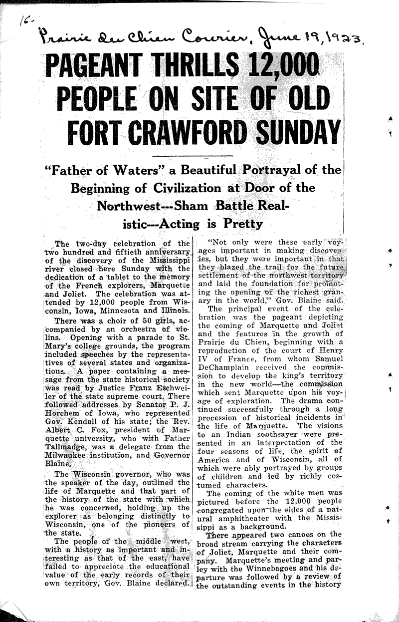  Source: Prairie du Chien Courier Date: 1923-06-19