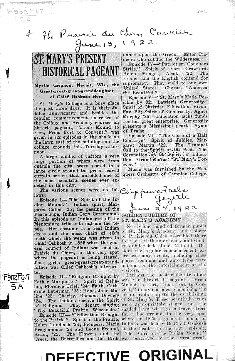  Source: Prairie du Chien Courier Topics: Church History Date: 1922-06-13