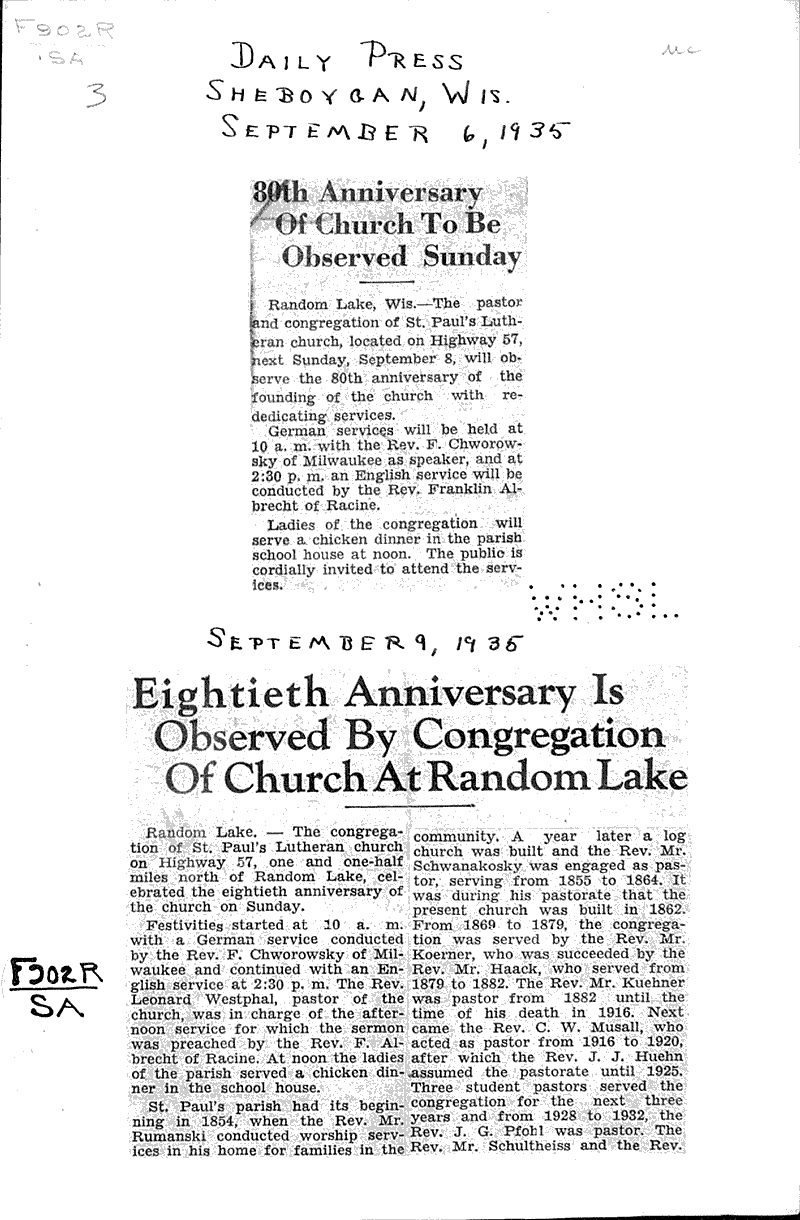  Source: Sheboygan Daily Press Topics: Church History Date: 1935-09-09