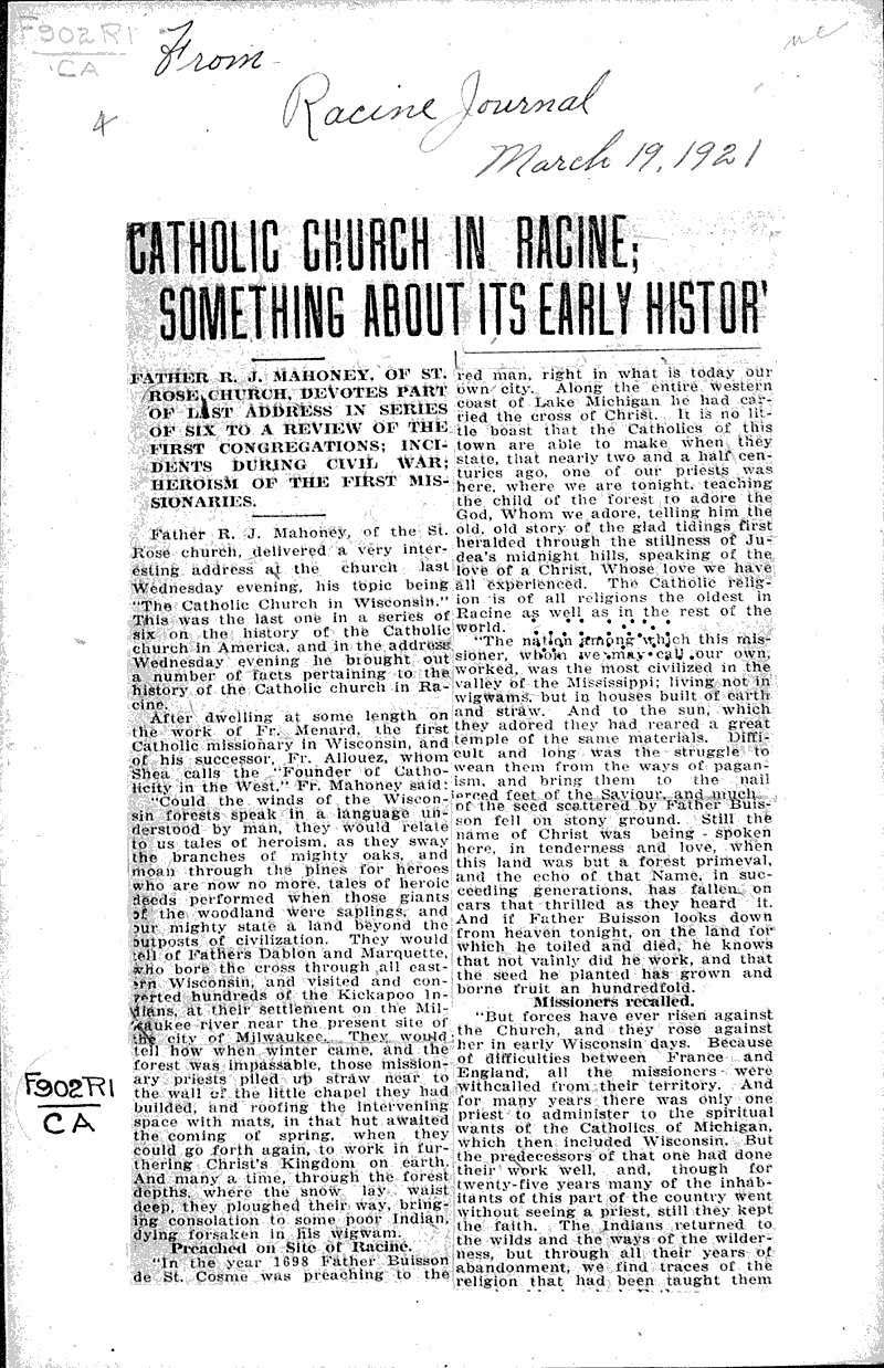  Source: Racine Journal Topics: Church History Date: 1921-03-19
