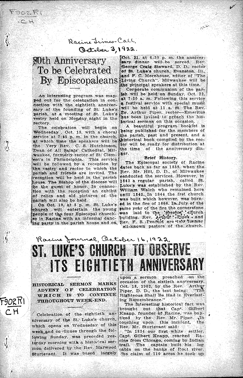  Source: Racine Journal Topics: Church History Date: 1922-10-16