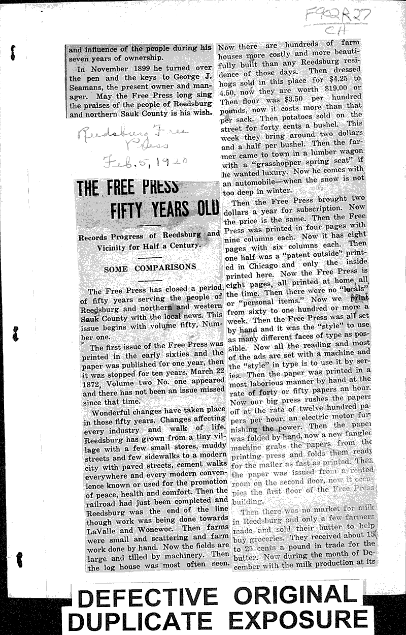  Source: Reedsburg Free Press Topics: Industry Date: 1920-02-05