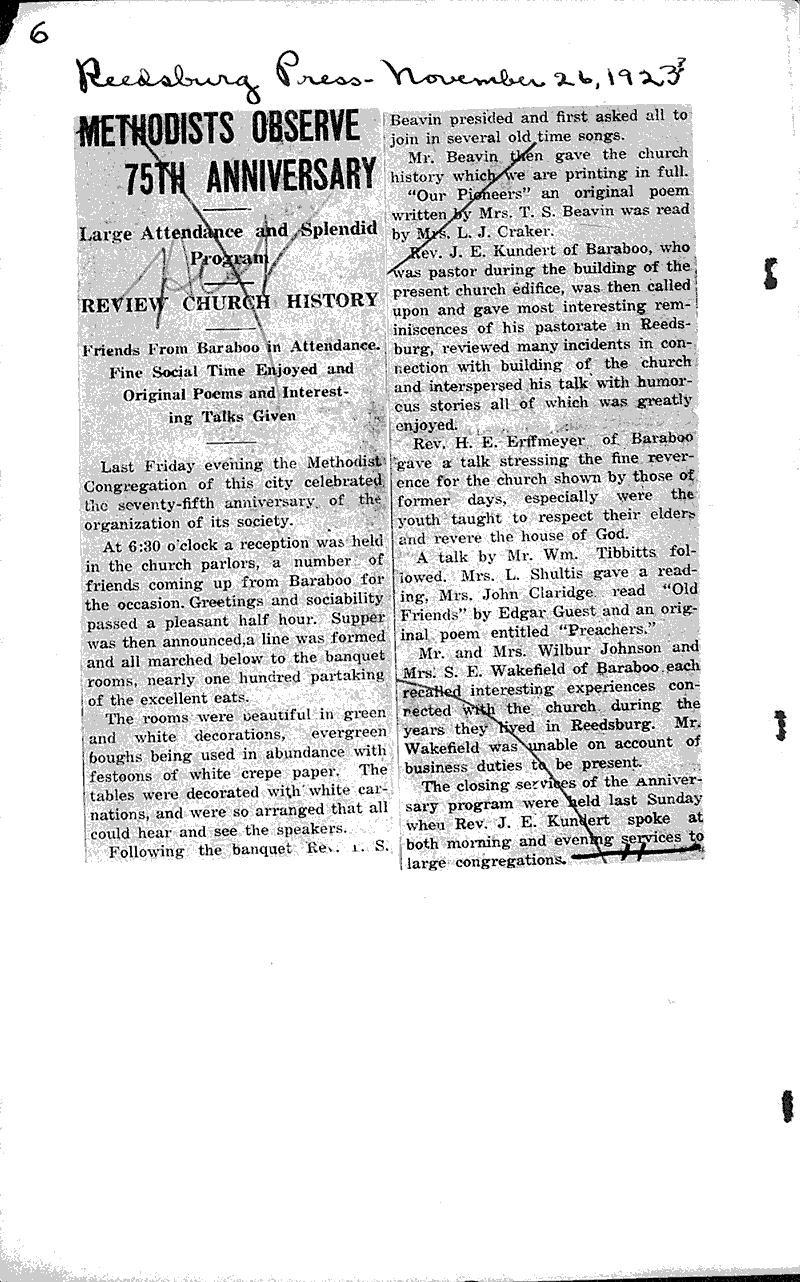  Source: Reedsburg Free Press Topics: Church History Date: 1923-11-26