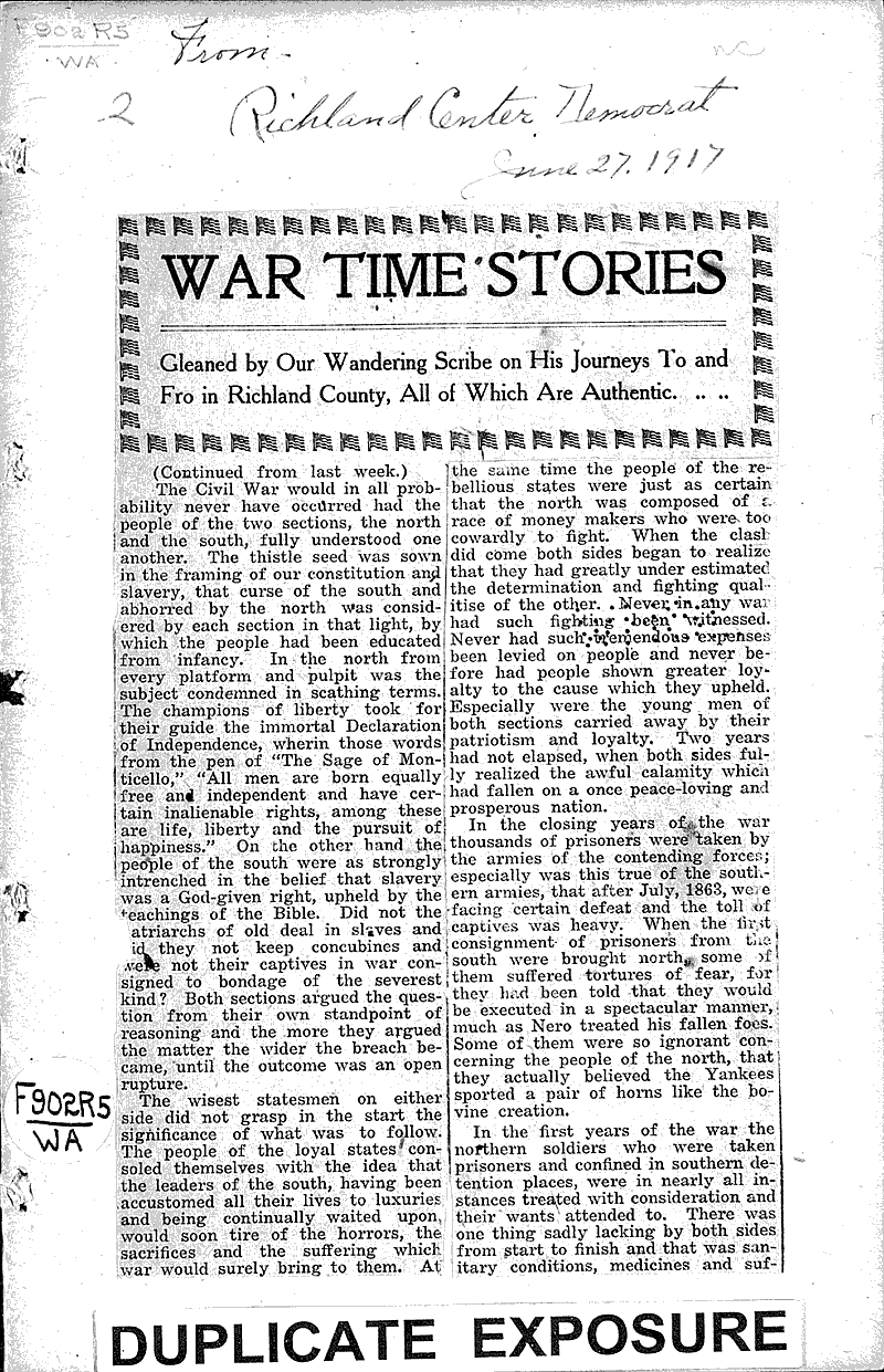  Source: Richland Center Democrat Topics: Civil War Date: 1917-05-16