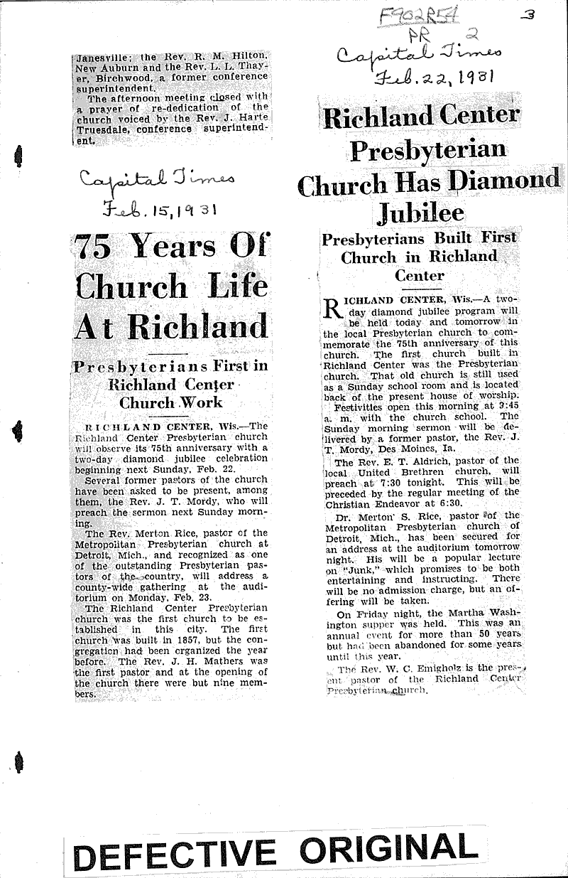  Source: Capital Times Topics: Church History Date: 1931-02-15