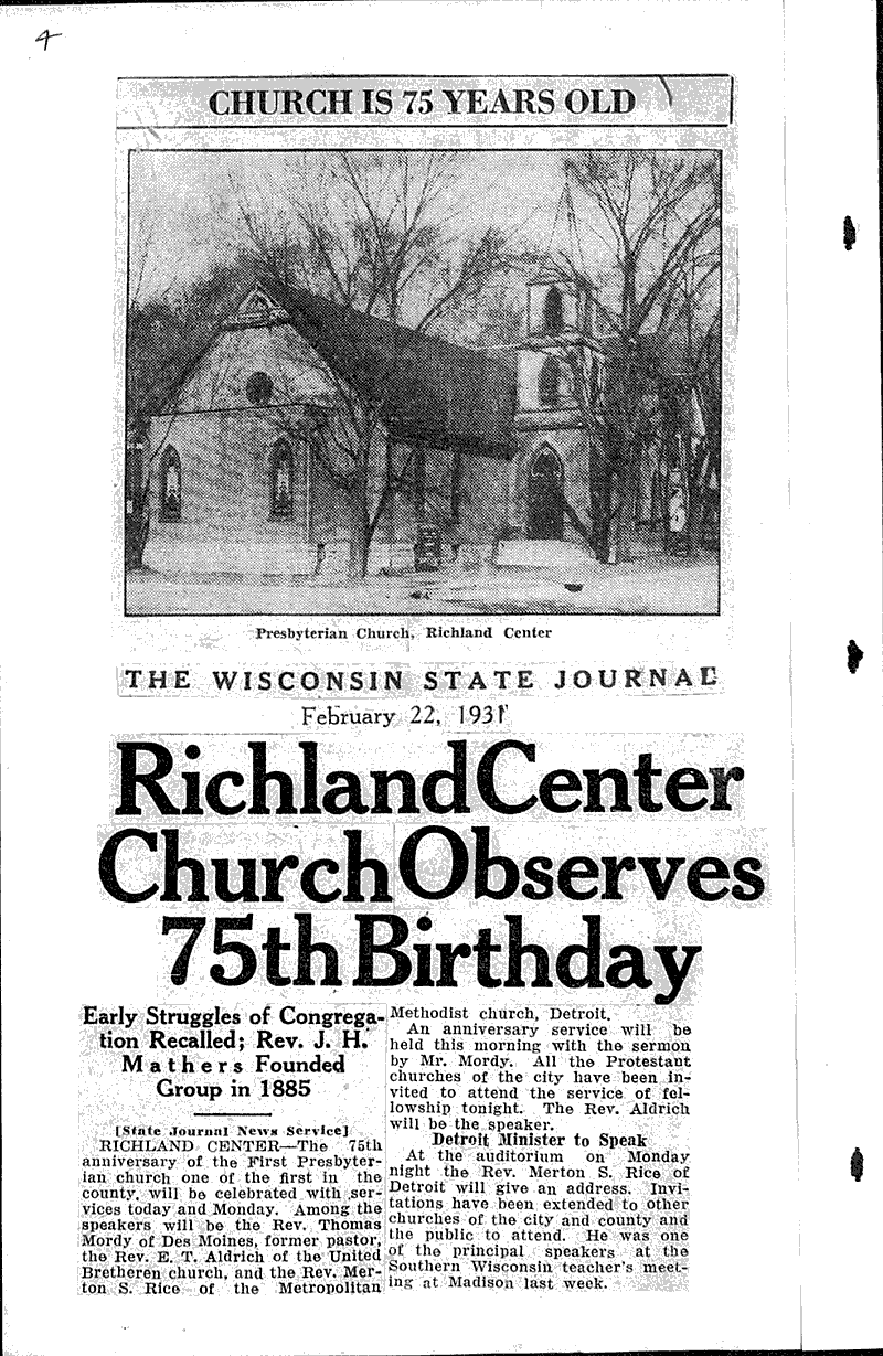  Source: Capital Times Topics: Church History Date: 1931-02-15