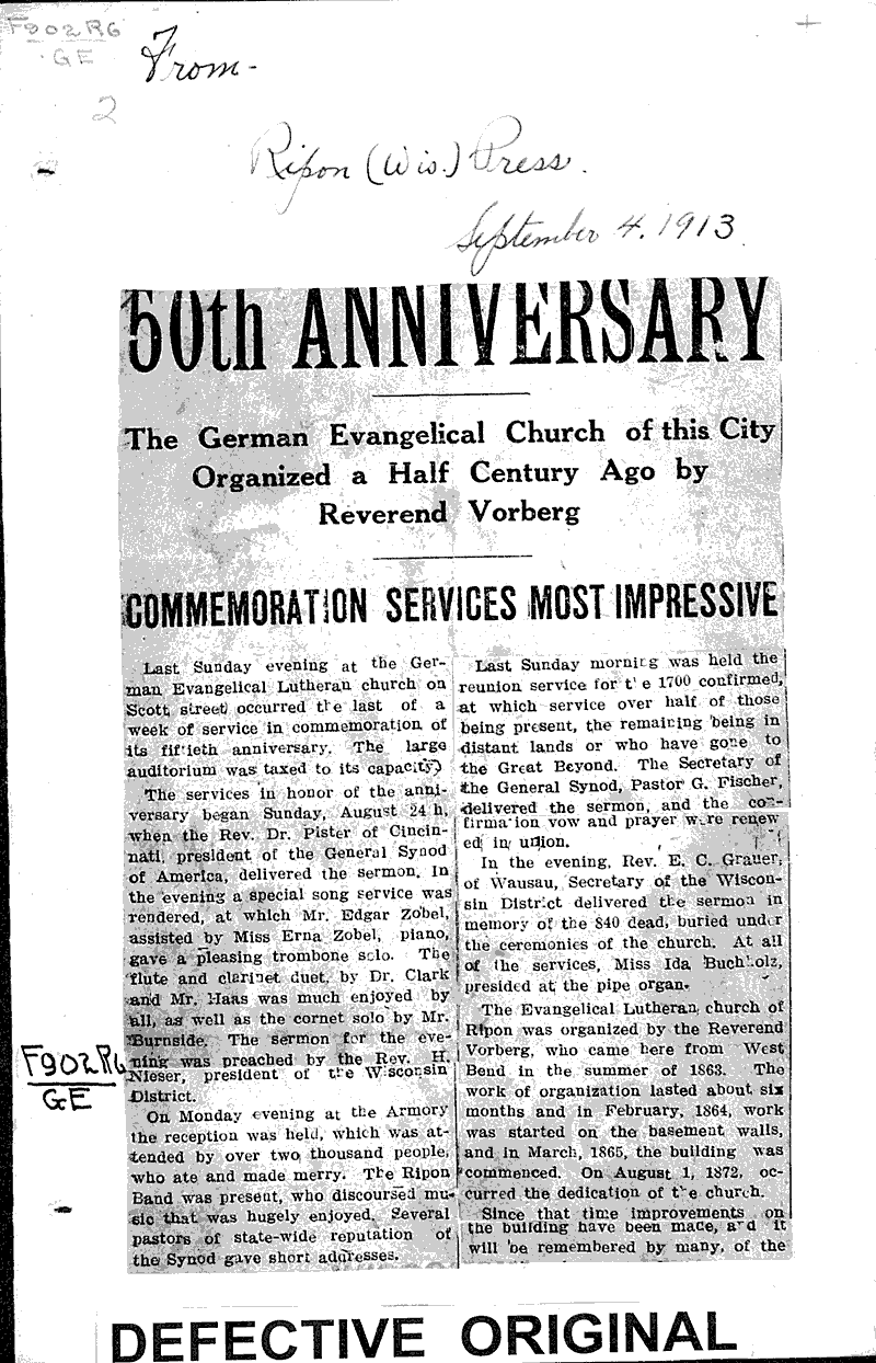  Source: Ripon Press Topics: Church History Date: 1913-09-04