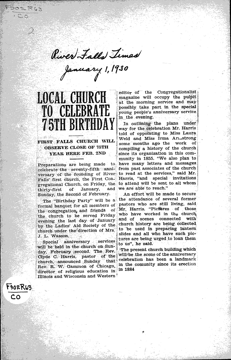  Source: River Falls Journal Topics: Church History Date: 1930-01-01