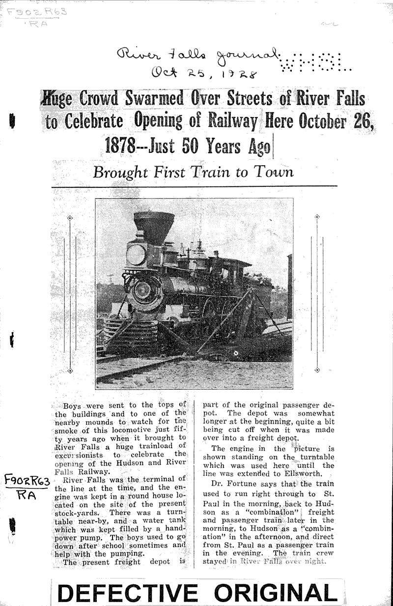  Source: River Falls Journal Topics: Transportation Date: 1928-10-25