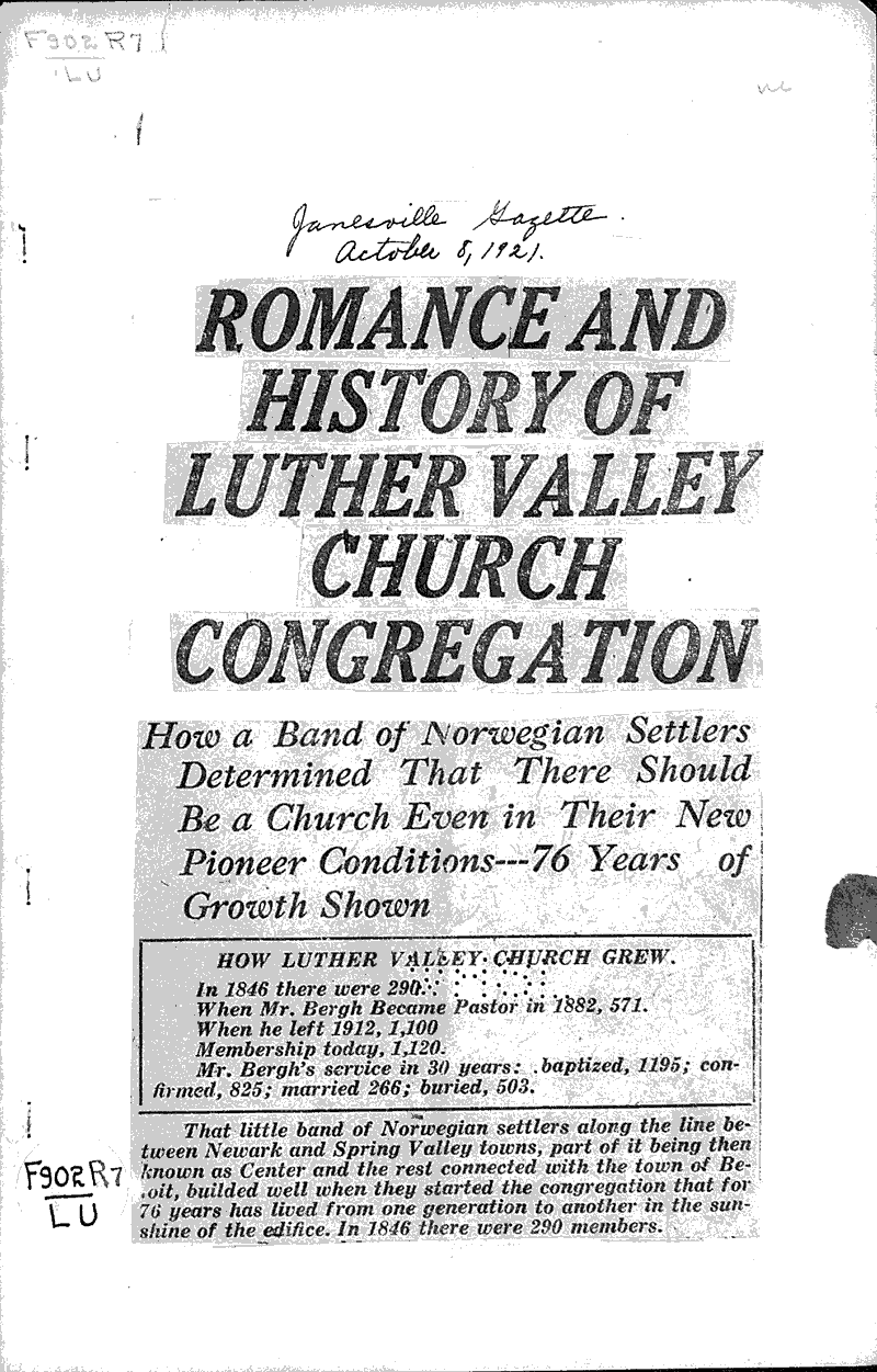  Source: Janesville Gazette Topics: Church History Date: 1921-10-08