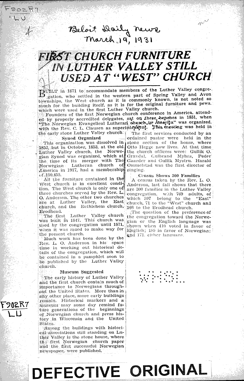  Source: Beloit Daily News Topics: Church History Date: 1931-03-19