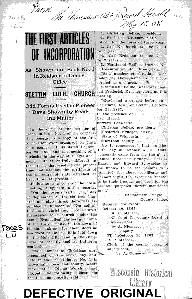 Source: Wausau Record-Herald Topics: Church History Date: 1908-05-18