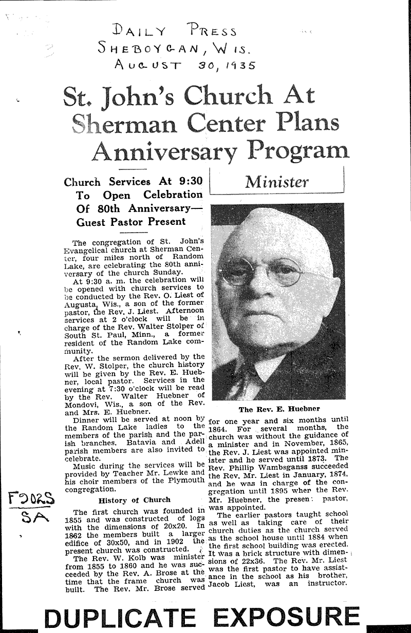  Source: Sheboygan Daily Press Topics: Church History Date: 1935-08-30