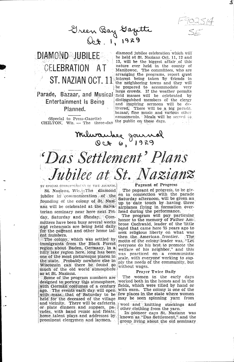  Source: Green Bay Gazette Topics: Church History Date: 1929-10-01