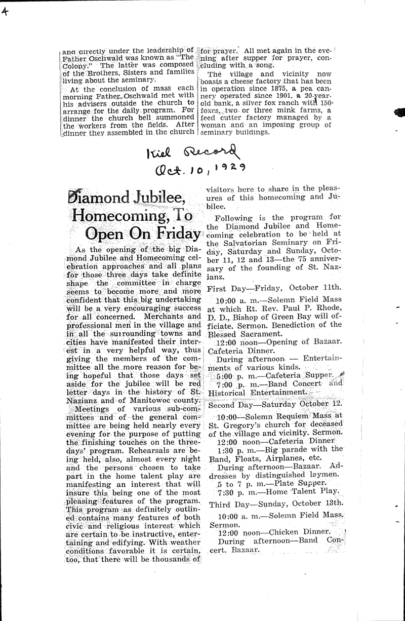  Source: Green Bay Gazette Topics: Church History Date: 1929-10-01