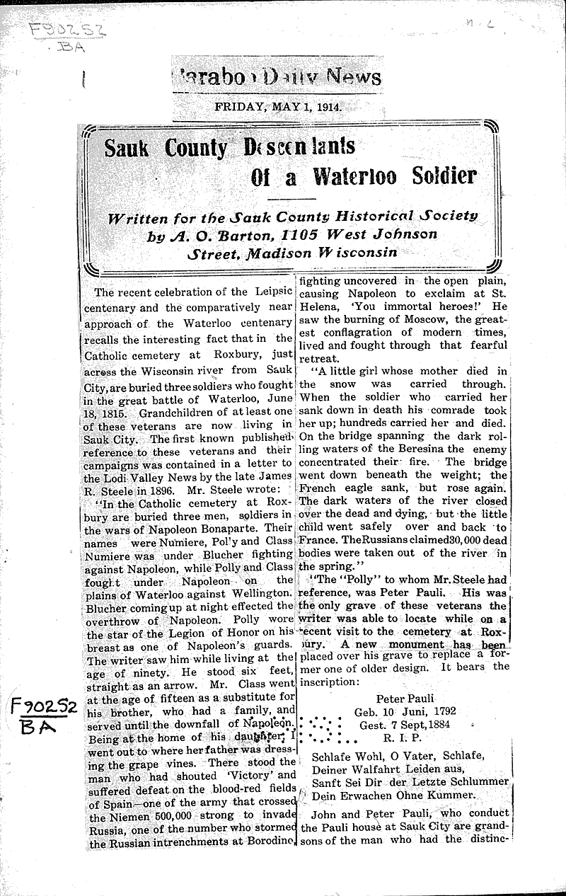  Source: Baraboo Daily News Topics: Wars Date: 1914-05-01
