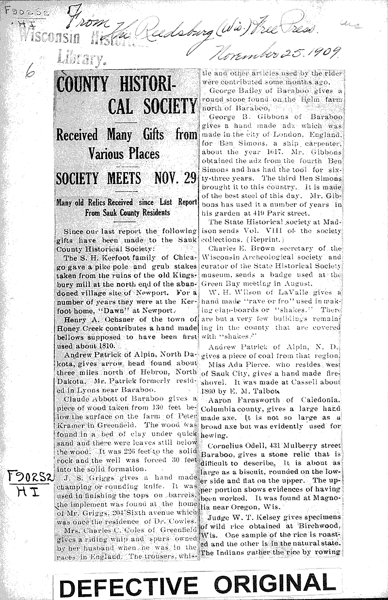  Source: Reedsburg Free Press Date: 1909-11-25