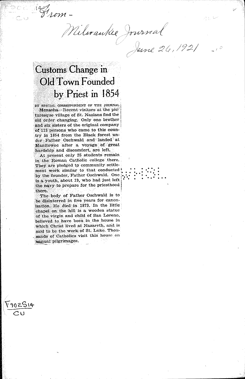  Source: Milwaukee Journal Topics: Church History Date: 1921-06-26