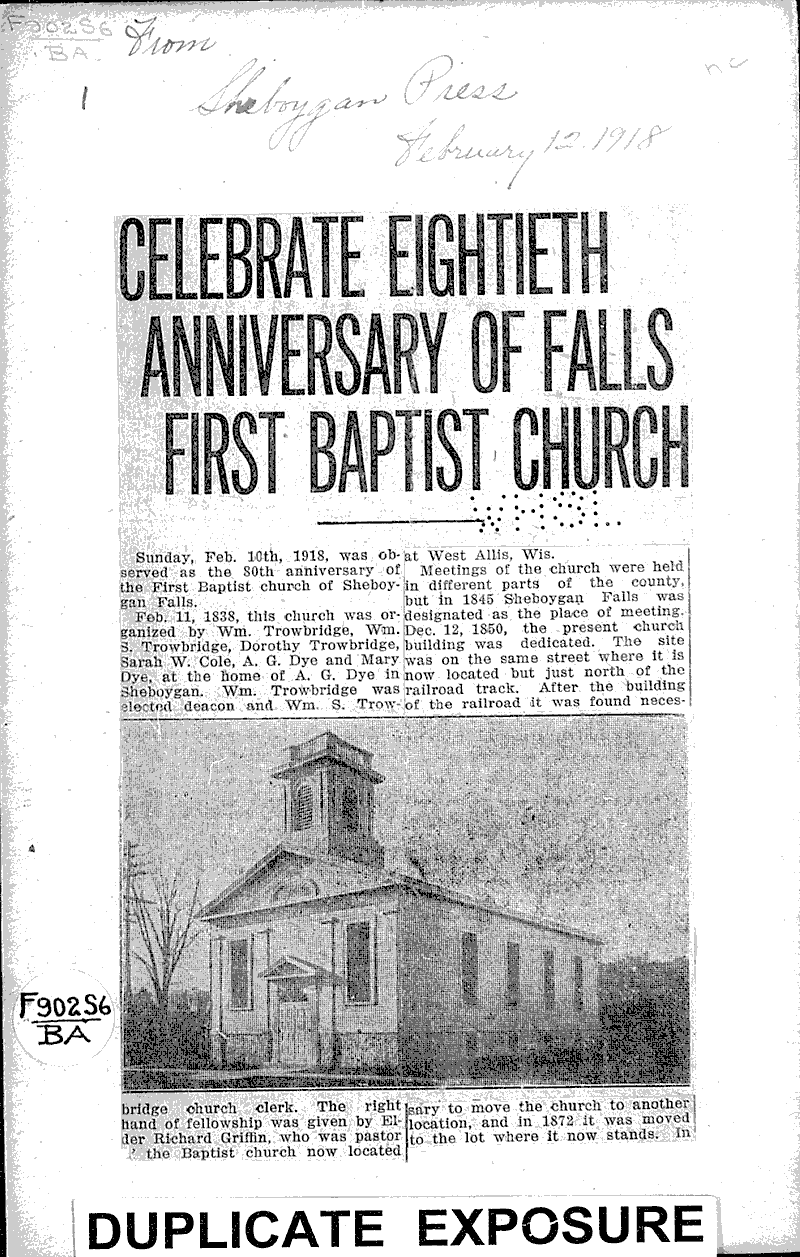  Source: Sheboygan Press Topics: Church History Date: 1918-02-12
