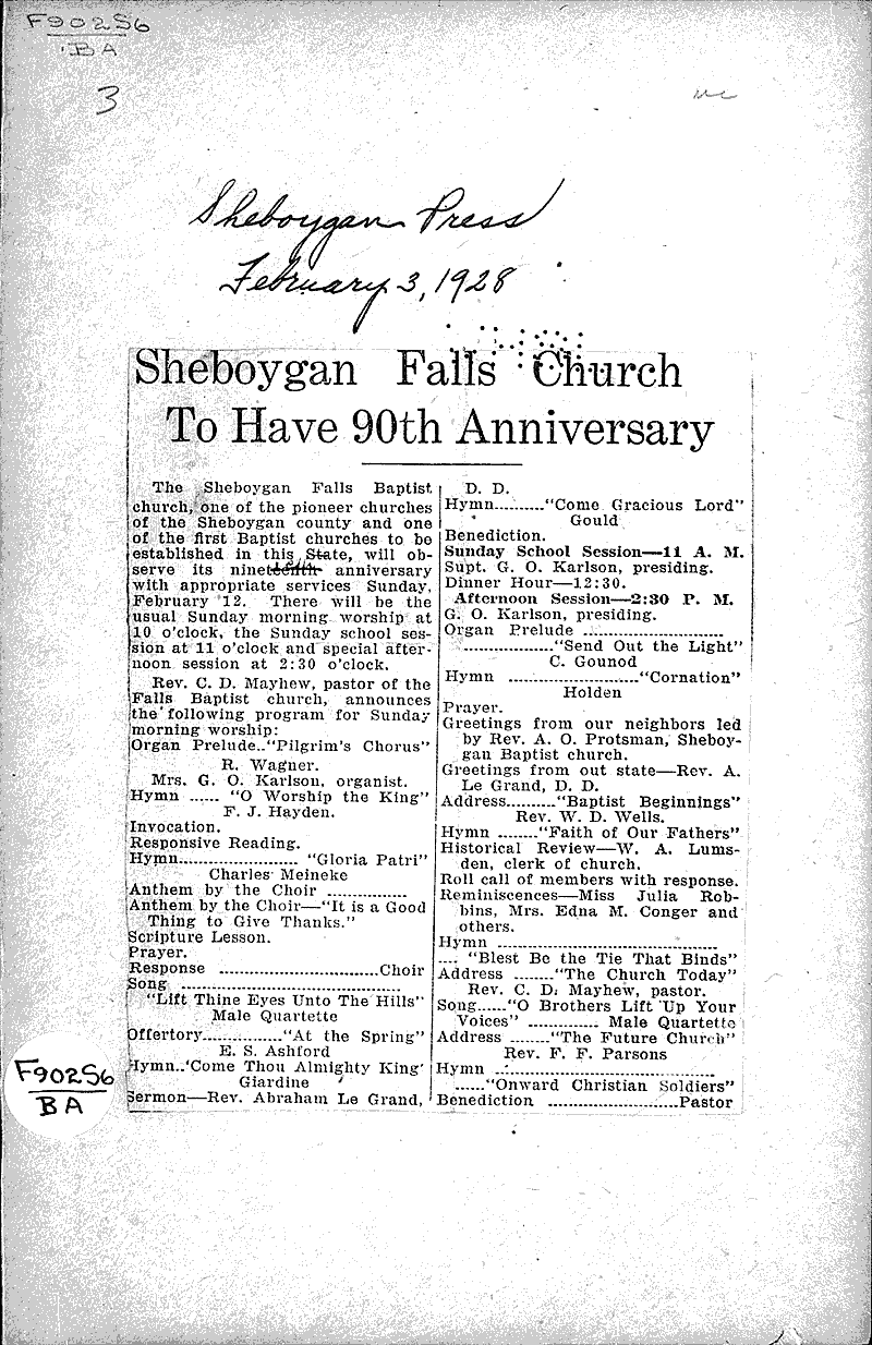  Source: Sheboygan Press Topics: Church History Date: 1928-02-03