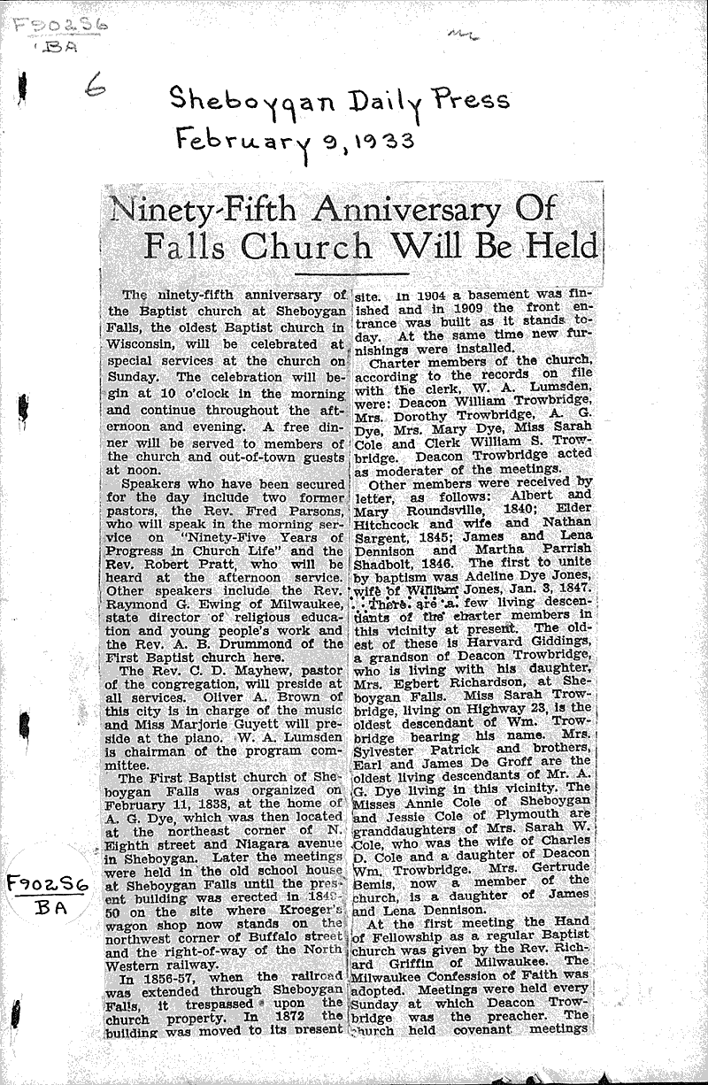  Source: Sheboygan Daily Press Topics: Church History Date: 1933-02-09