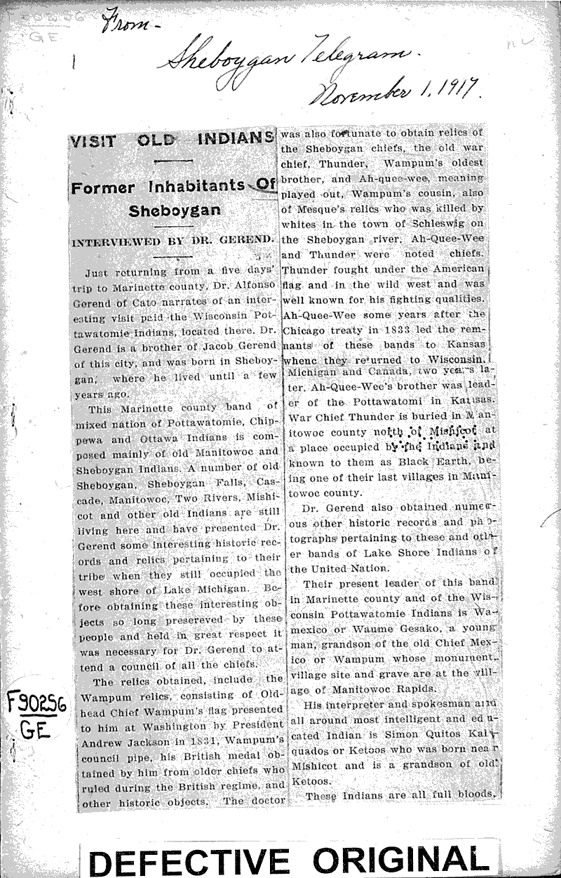  Source: Sheboygan Telegram Topics: Indians and Native Peoples Date: 1917-11-01