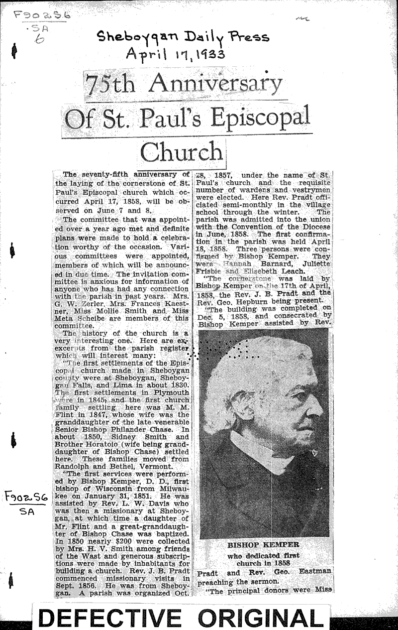  Source: Sheboygan Daily Press Topics: Church History Date: 1933-04-17