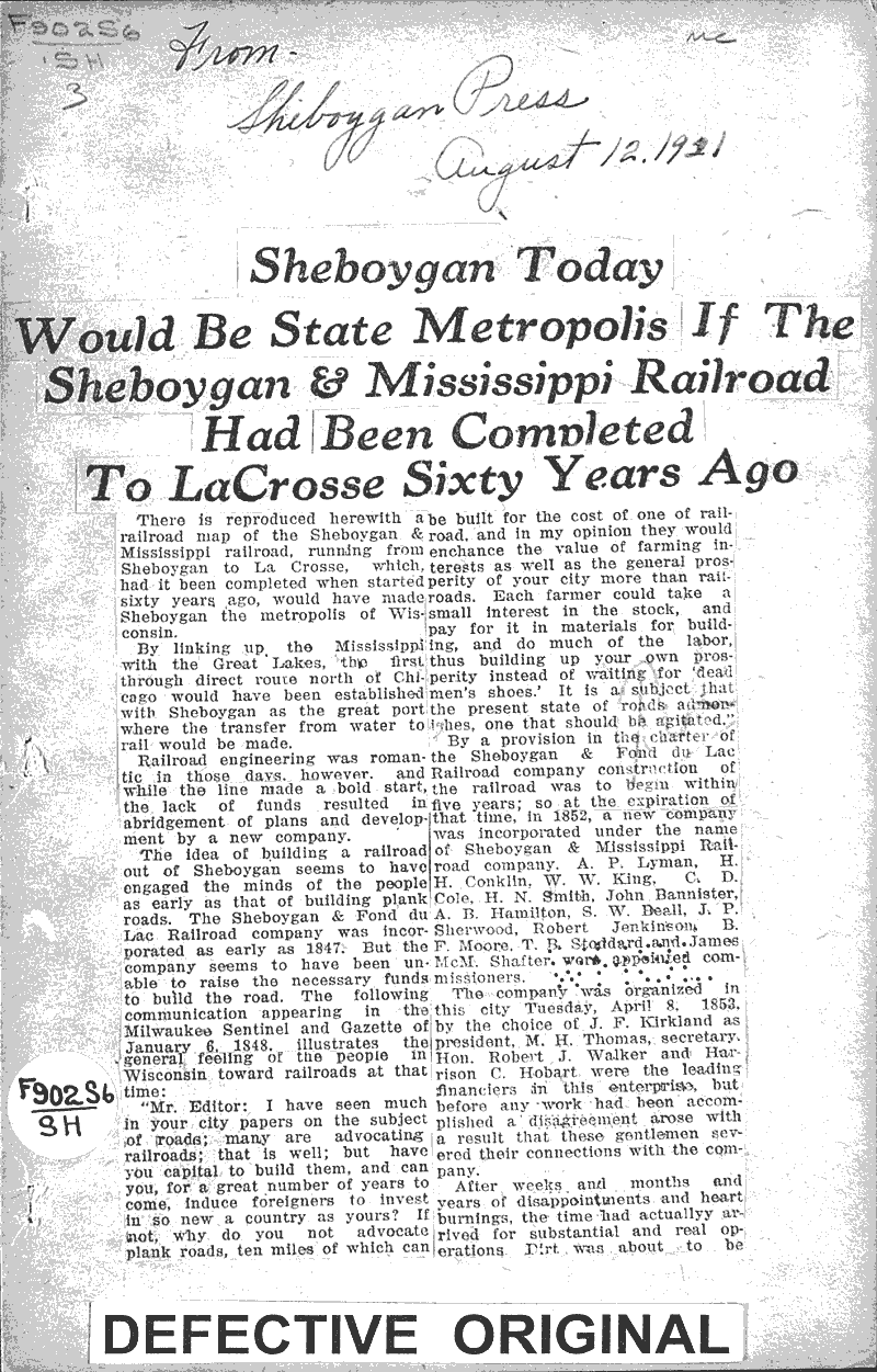  Source: Sheboygan Press Topics: Transportation Date: 1921-08-12