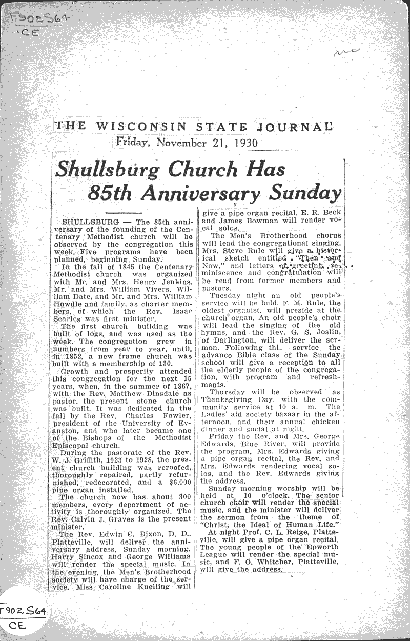  Source: Wisconsin State Journal Topics: Church History Date: 1930-11-21