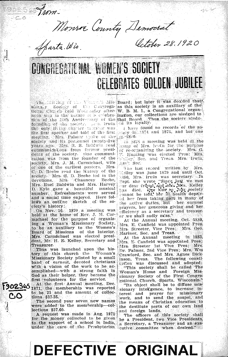  Source: Monroe County Democrat Topics: Church History Date: 1920-10-28