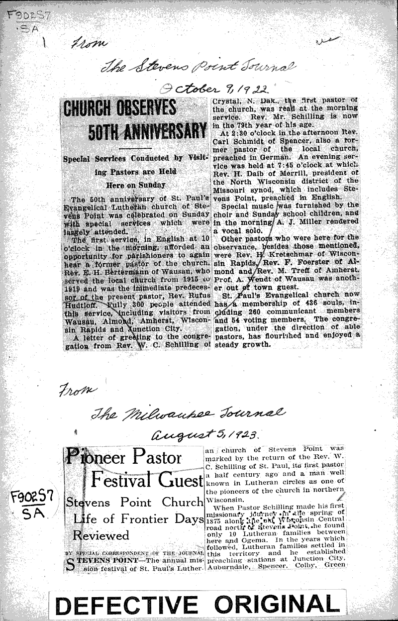  Source: Stevens Point Journal Topics: Church History Date: 1922-10-09