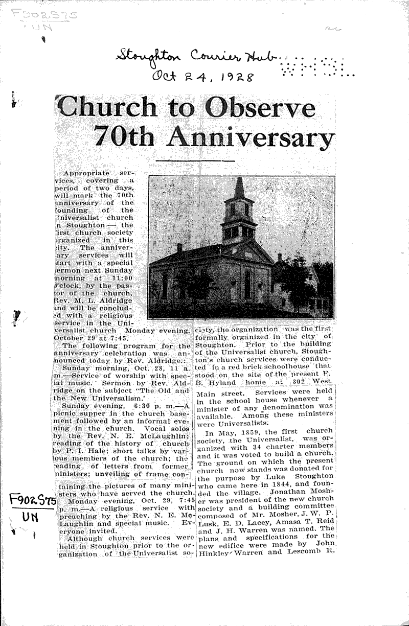  Source: Stoughton Courier-Hub Topics: Church History Date: 1928-10-24