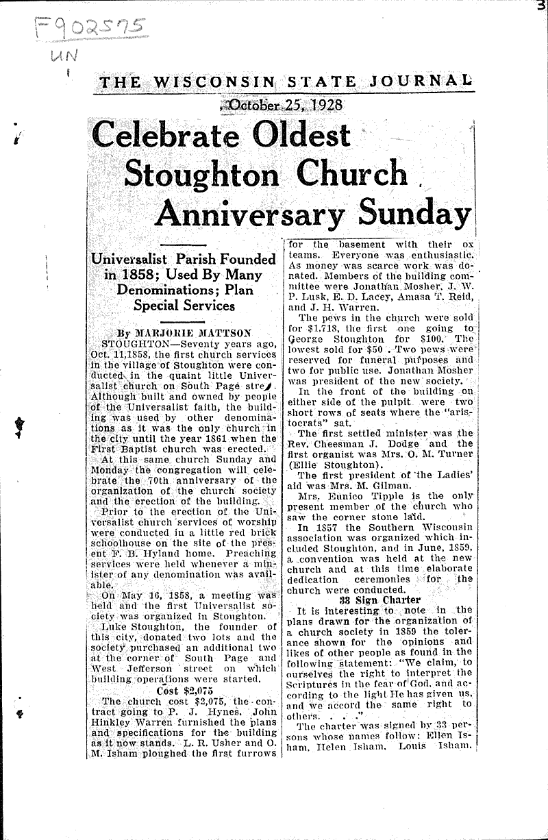  Source: Wisconsin State Journal Topics: Church History Date: 1928-10-25