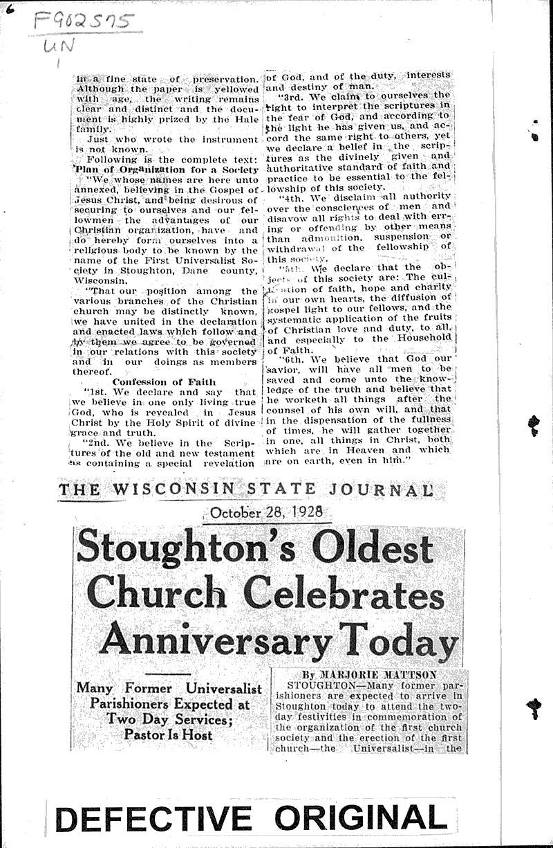  Source: Stoughton Courier-Hub Topics: Church History Date: 1928-10-25