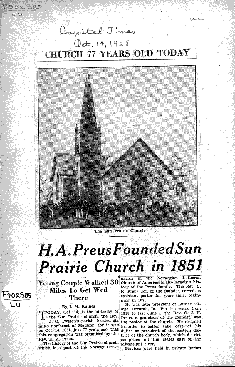  Source: Capital Times Topics: Church History Date: 1928-10-14