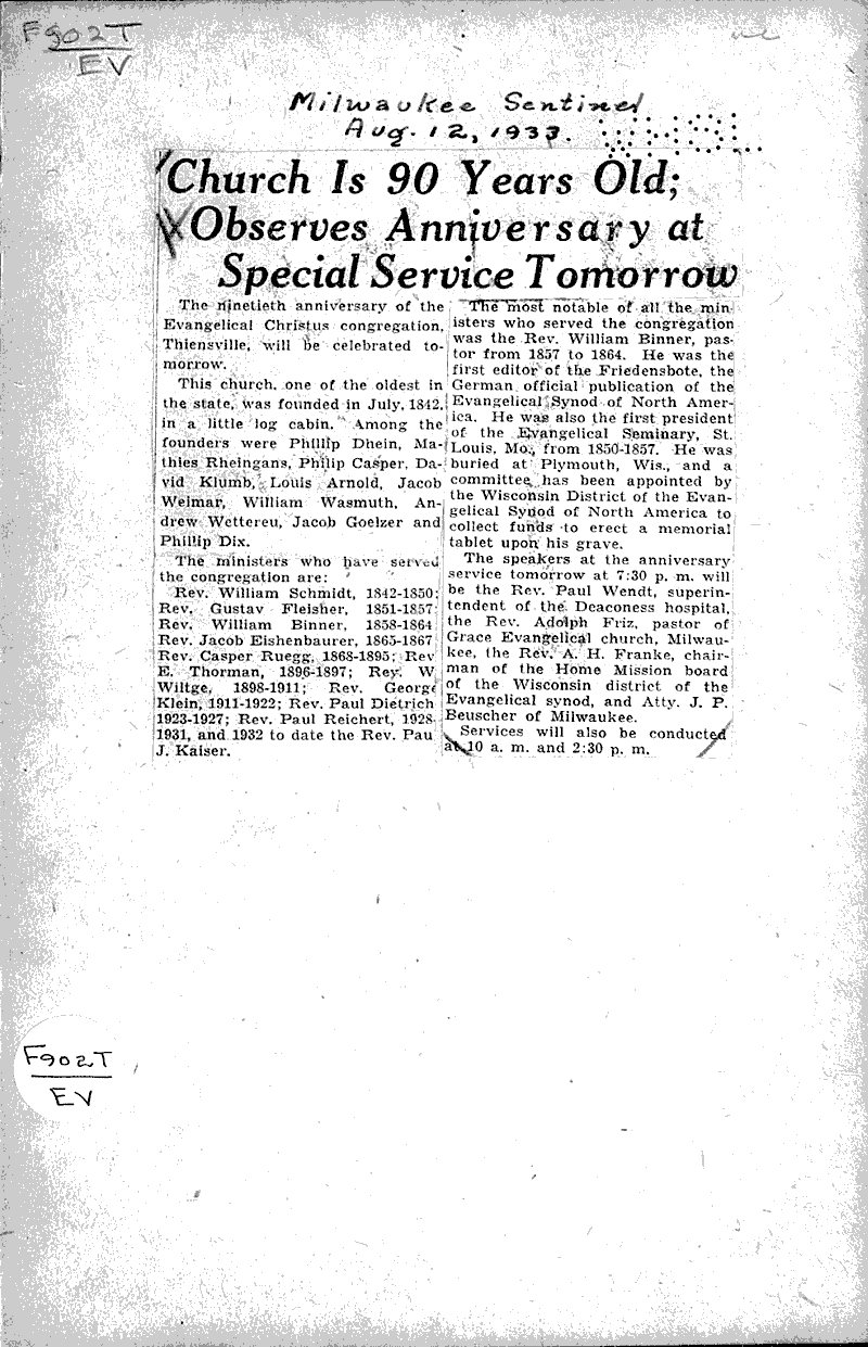  Source: Milwaukee Sentinel Topics: Church History Date: 1933-08-12