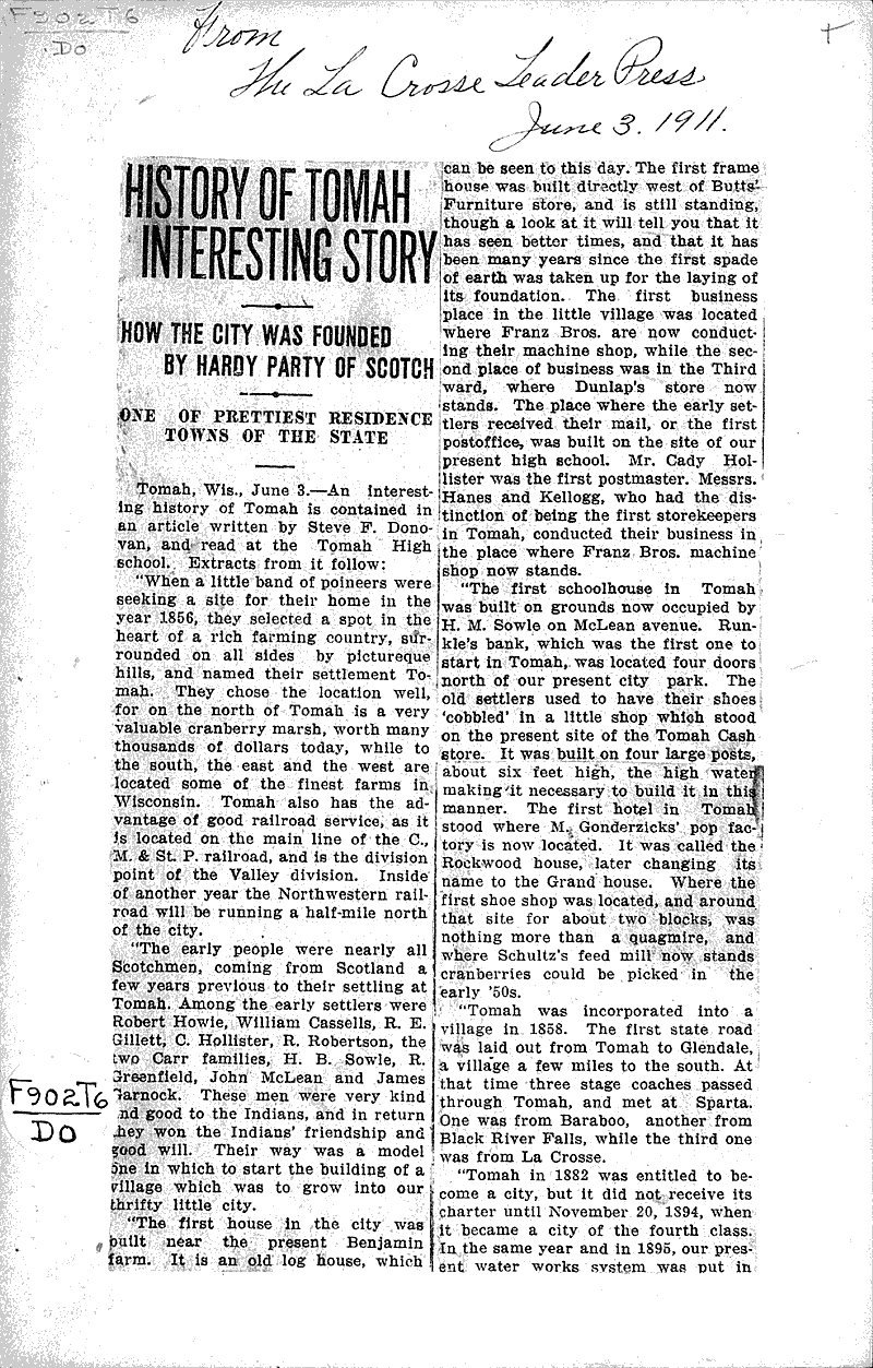  Source: La Crosse Leader - Press Date: 1911-06-03