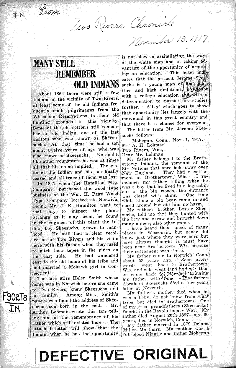  Source: Two Rivers Chronicle Topics: Indians and Native Peoples Date: 1917-11-13