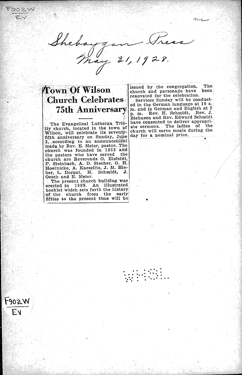  Source: Sheboygan Press Topics: Church History Date: 1928-05-31