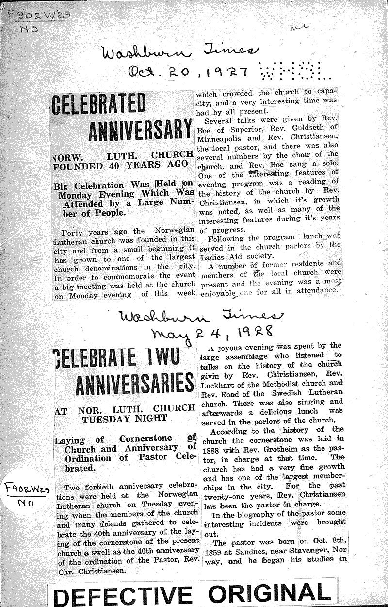  Source: Washburn Times Topics: Church History Date: 1927-10-20